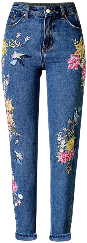 Bird Embroidered Ankle Length Jeans