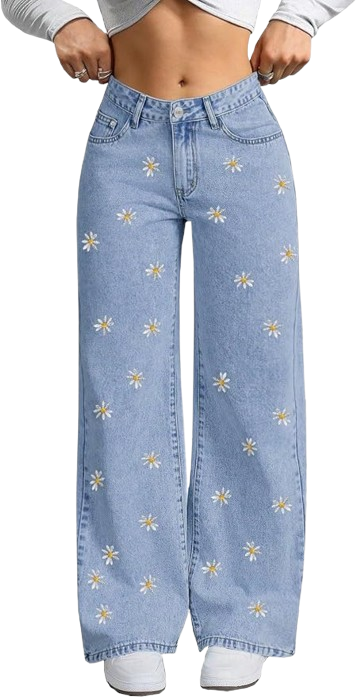 Mid Rise Flower Embroidered Jeans